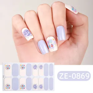 Gradient glitter French nail wraps with cute cartoon designs, 16 pcs false nail stickers.
