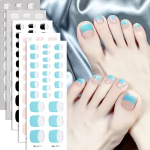 Semi-geharde gel teenagel stickers, blauwe Franse pedicure strips, makkelijke nagelkunst.