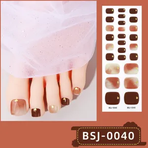 Semi-cured gel toenail strips brown marble nude design with gold heart charms 3d uv cured