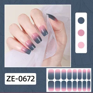 Gradient nail wrap stickers, pink and dark blue ombre false nails, easy DIY manicure art set.