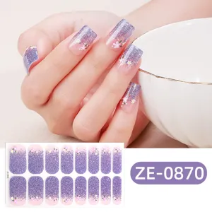 Purple glitter gradient French nail wraps stickers with cute flowers for daily fashion wear