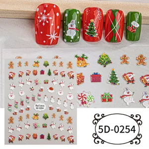 5D Christmas nail art stickers detail, embossed snowman and tree design for holiday manicure.