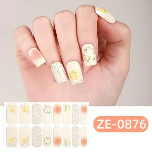 Detailed view of gradient glitter nail wrap stickers featuring cute chick and floral designs.