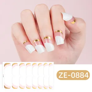 Gradient gold foil French nail stickers set, elegant white false nail wraps for women manicures.