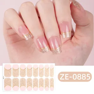 Gradient glitter French nail wraps with gold lines, easy peel-and-stick manicure stickers.