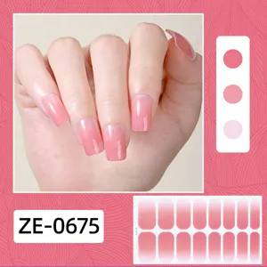 Detail view of gradient pink nail wraps sticker showing application on hand and color options.