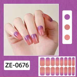 Gradient pink purple gel nail wraps 16 tips shiny semi cured nail polish stickers set