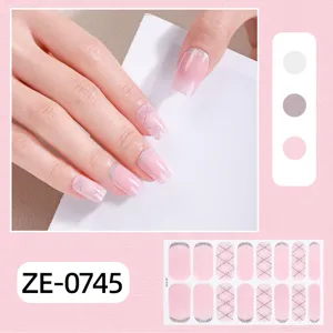 Pink French gel nail wraps with glitter grid lines and color swatches for women.