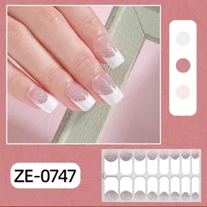 16 tips French glitter nail wraps minimalist pink white adhesive gel nail stickers detail view