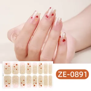 Gradient glitter French nail wraps with red hearts, 16pcs press-on gel nail stickers for women.