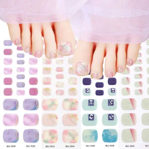 Semi Cured Gel Toenail Wraps Gradient Glitter Floral Press On Toenails UV Cured Gel Nail Strips Pedicure Art Kit