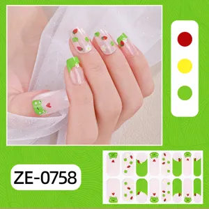 16-finger French nail polish wraps featuring cute cute frog and strawberry designs for sweet style.