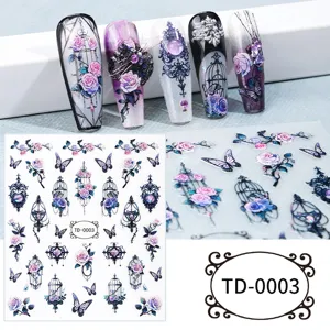 Gothic dark rose and cage 5D embossed nail sticker detail, exquisite DIY nail art decal.