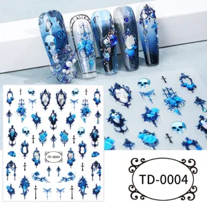 Dark gothic rose 5D nail stickers relief blue skull DIY nail art decal accessories detail