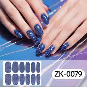 Blue glitter nail stickers full cover waterproof fake nails cute nail art supplies for women
