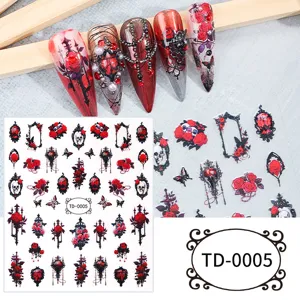 Gothic red rose 5D embossed nail stickers set dark style Halloween DIY false nail art decors