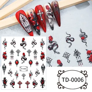 Dark gothic 5D embossed nail stickers featuring red roses, snakes, and cross designs for DIY art.