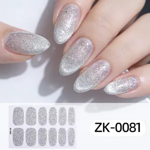 Silver glitter full wrap nail stickers detail view, stylish sparkly nail art design for women and girls.