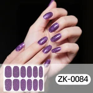 Purple glitter full wrap nail stickers for cute girly style, waterproof detail view.