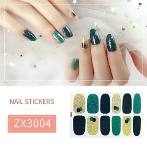 Green and gold glitter nail stickers, full wrap waterproof artificial false fingernails set.