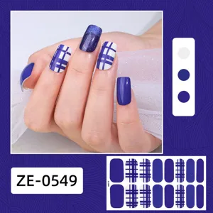Pegatinas de uñas a cuadros azules y blancos conjunto de manicura con purpurina