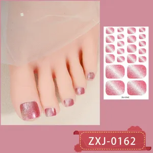 Pink gradient glitter toe nail stickers waterproof cat eye press on toenails wrap sheet