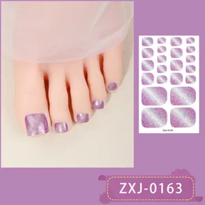 Gradient glitter toe nail wraps, purple cat eye press on toe nails for summer pedicure art.