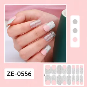 Pegatinas de uñas francesas con purpurina rosa uñas postizas cortas para manicura.