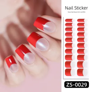 Red french tip nail stickers 20 tips double row adhesive nail wraps for daily use.