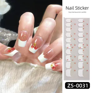 French style nail stickers with cute cherry and glitter design, easy press-on 20 tips wrap.