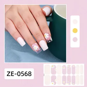 Pegatinas de uñas de margarita estilo francés flores nail art manicura vista detallada
