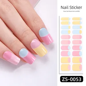 French Gel Nail Strips Pastel Color Block 20 Tips Adhesive Manicure Stickers Set