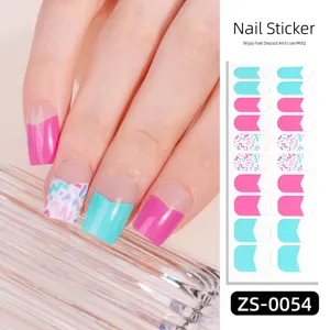 Double row nail stickers with pink, blue and abstract patterns for easy DIY manicure.
