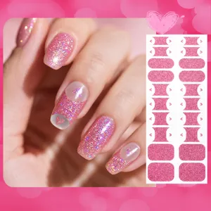 French glitter nail wraps double row adhesive nail stickers pink heart design for women