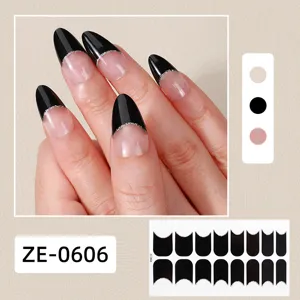 French style black false nail wraps with silver glitter edge, elegant manicure stickers for women.