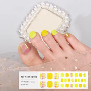 Gel toe nail stickers 3D glossy false toenails yellow plaid press on toenails art decor