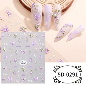 5D relief nail art stickers featuring elegant butterfly and tulip floral designs for DIY manicures.