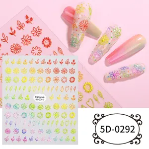 5D relief nail art stickers featuring cute floral and leaf designs for DIY manicure decor.
