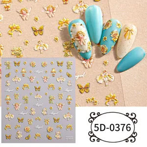 5D embossed angel nail art stickers featuring cute butterflies and floral designs for DIY manicures.