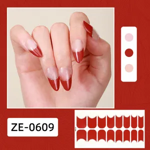 Red French nail wraps with glitter line, almond shape press-on false nails sticker sheet