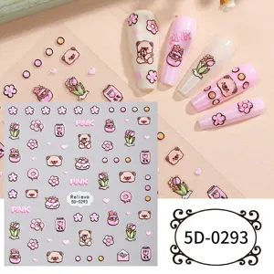 5D embossed nail stickers cute bear floral pink self-adhesive nail art decals for DIY design