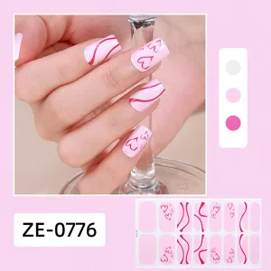 Valentine's Day pink heart nail stickers 16pcs cute wave nail art wraps for women