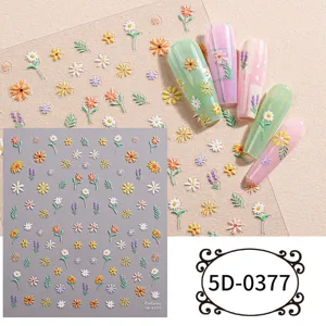5D embossed nail art stickers featuring cute daisies, lavender and green leaves for DIY manicures.