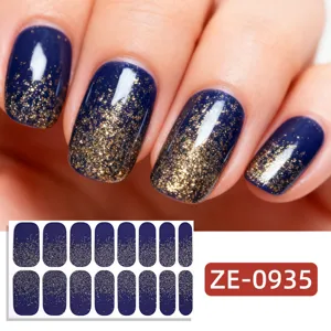 Dark blue gold glitter nail wraps, 16 tips sparkling gradient nail stickers for women.