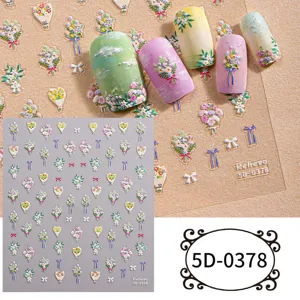 5D embossed nail stickers detail showing floral bouquet designs and textured relief effect.