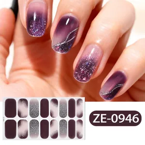 Gradient purple glitter nail wraps with silver lines, 16 tips sparkly gel nail art stickers.