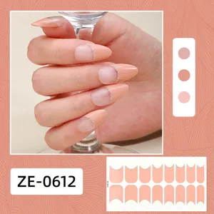 French nude pink gel nail stickers with silver glitter lines, easy-to-use manicure wraps.