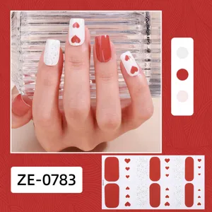 Valentine's Day Heart Nail Polish Wraps Red White Glitter 16 Tips Manicure Stickers