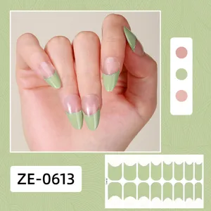 French solid color nail wrap sticker detail showing elegant green almond shape with silver glitter.