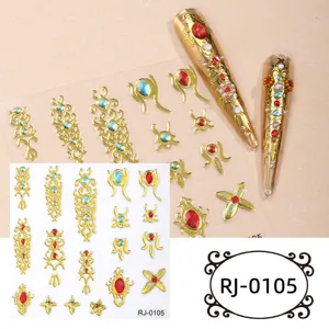 5D Embossed Gold Nail Art Stickers Vintage Baroque Style Red Blue Rhinestone Decals DIY